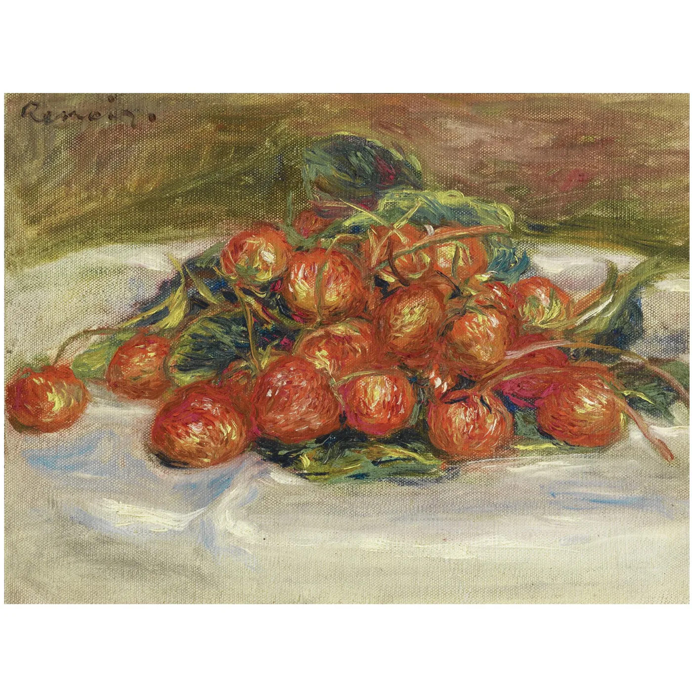 A heap of red strawberries with green leaves rests on a white cloth against a warm brown-green background.