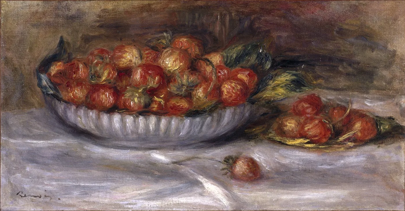A white bowl heaped with strawberries beside a small pile on a white cloth, in red, green, and warm brown