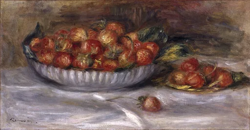A white bowl heaped with strawberries beside a small pile on a white cloth, in red, green, and warm brown