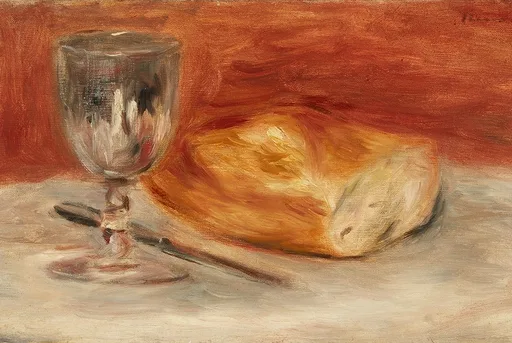 A wine glass and a knife beside a half loaf of bread on a table, in warm red, gold, and cream