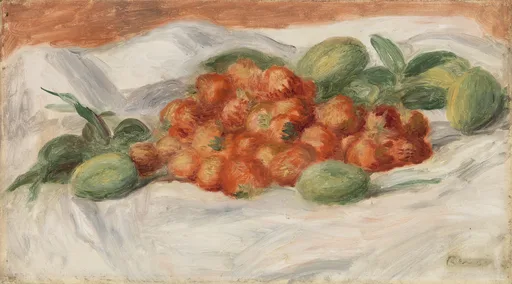 A mound of small red strawberries surrounded by pale green unshelled almonds, heaped on a rumpled white cloth against a warm terracotta background.