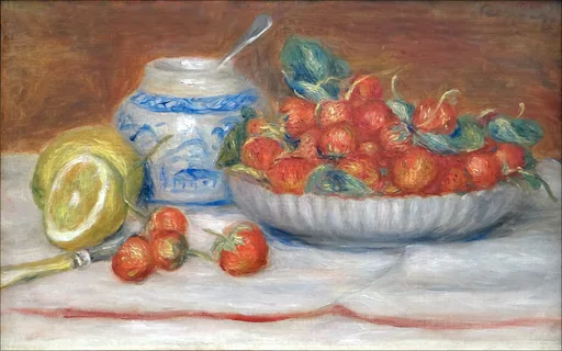 A bowl heaped with strawberries sits beside a blue and white ceramic pot and a halved melon on a white tablecloth, in vivid red, blue and cream