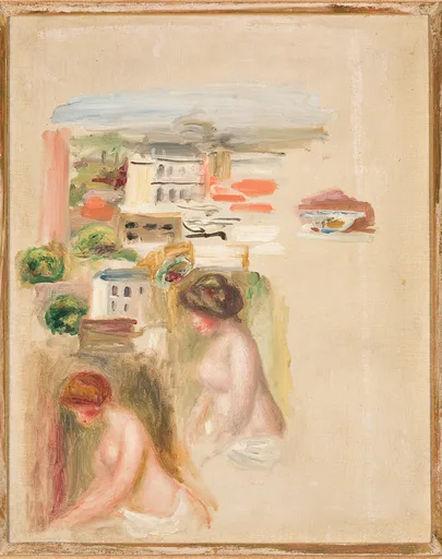Sketchy studies of two nude figures beneath a small village landscape on unfinished canvas, in pale pink, cream, and muted green