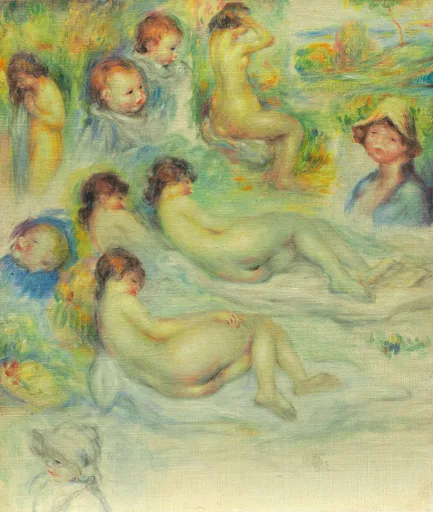 A study sheet in yellow-green tones combining sketches: two reclining nude women below, a seated nude figure and small portrait heads of children above.