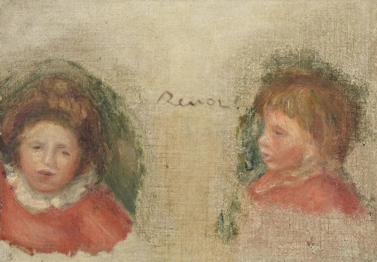 Two loosely painted head studies of a child in a red collared dress, facing each other on an unfinished tan canvas, with a signature sketched between them.
