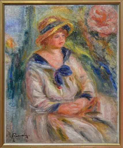 A seated woman in a straw hat and white dress with a navy blue scarf, hands clasped, in cream, gold and blue