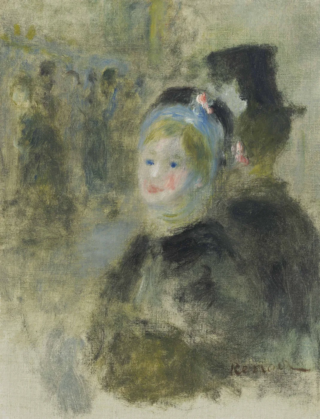Sketch of a blonde child's face beside a woman in a dark hat, with blurred figures of a busy square behind them