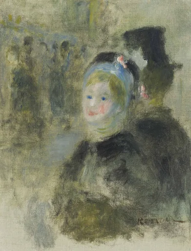 Sketch of a blonde child's face beside a woman in a dark hat, with blurred figures of a busy square behind them