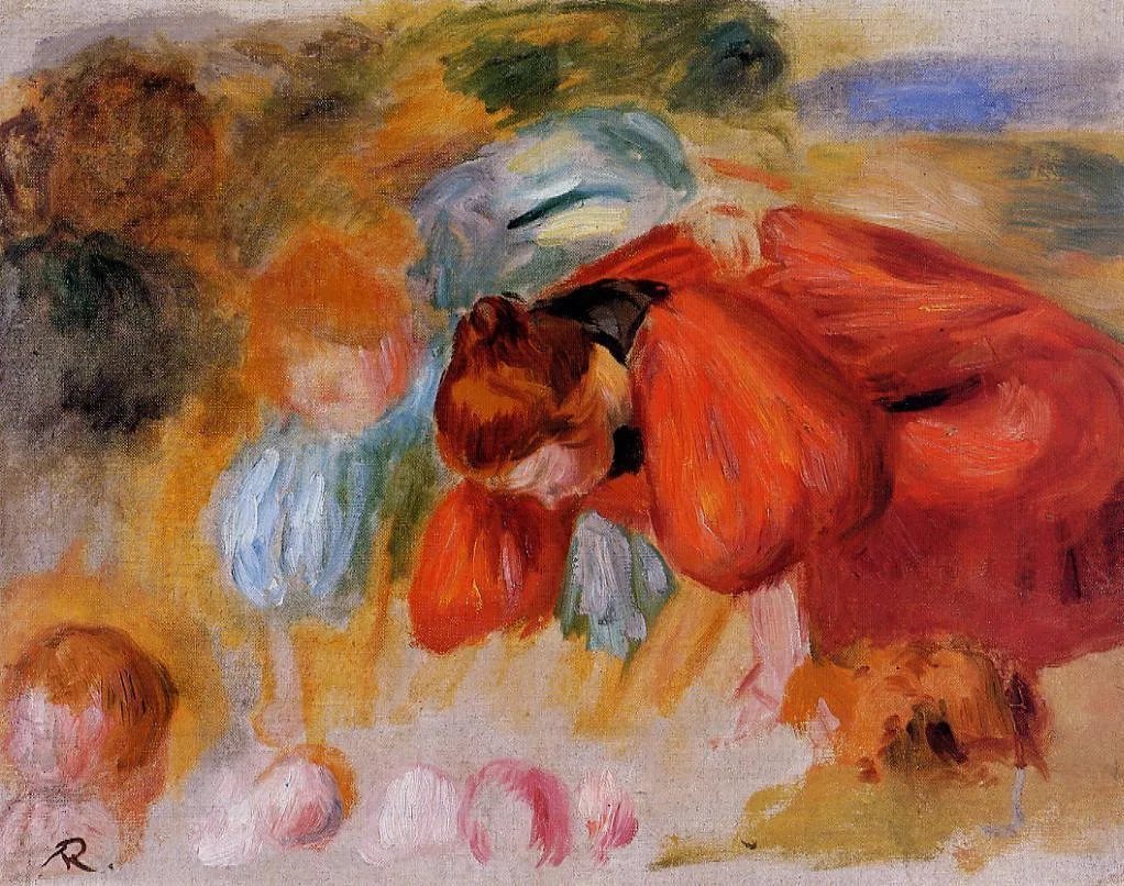 Sketch study of figures bending over a garden game, one in a vivid red dress, rendered in loose bold brushstrokes