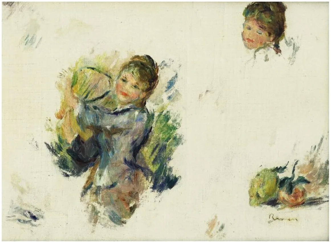 Unfinished sketch sheet with a girl swinging a shuttlecock racket, a separate child's head, and a small fruit study