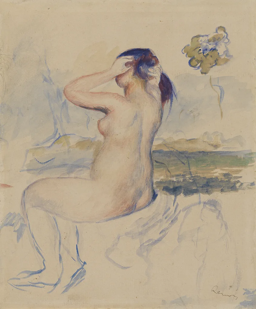 A watercolor sketch of a seated nude bather with arms raised to her hair, in pale flesh tones, blue, and cream