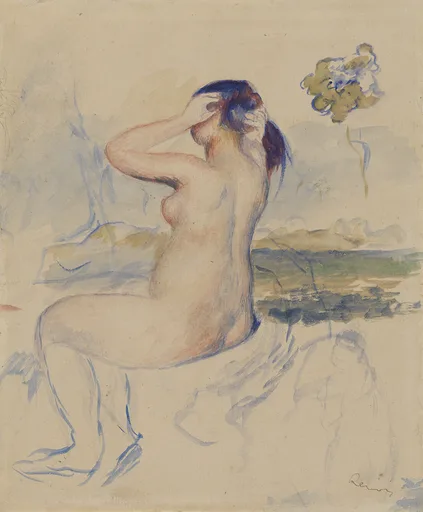 A watercolor sketch of a seated nude bather with arms raised to her hair, in pale flesh tones, blue, and cream
