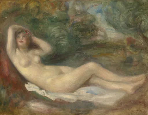 A reclining nude woman rests her head on her raised arm on white drapery, set against a dark green wooded background