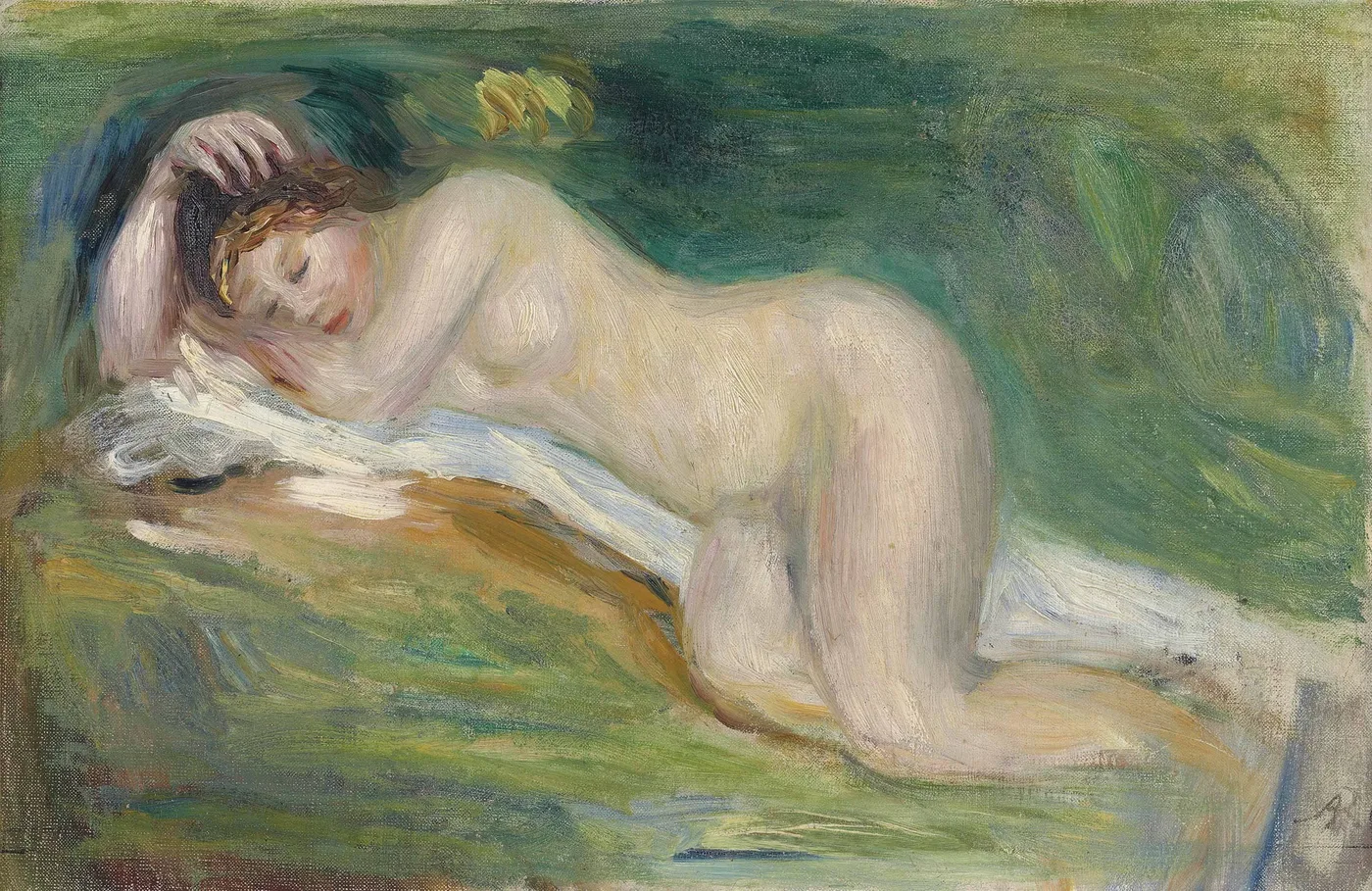 A nude woman curled on her side asleep, head resting on her arm, in pale flesh tones against deep green
