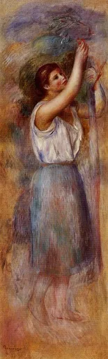 A woman in a blue skirt reaching upward to pick cherries from a branch, in soft blue, cream, and warm ochre