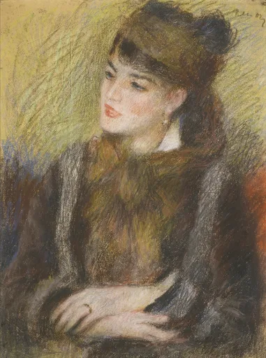 Pastel drawing of a dark-haired woman with clasped hands, glancing sideways in a fur-trimmed dark coat