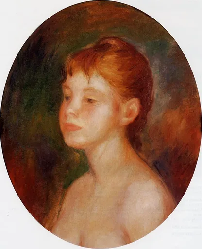 An oval portrait of a young red haired woman with bare shoulders against a dark background, in warm auburn, flesh tones, and deep green