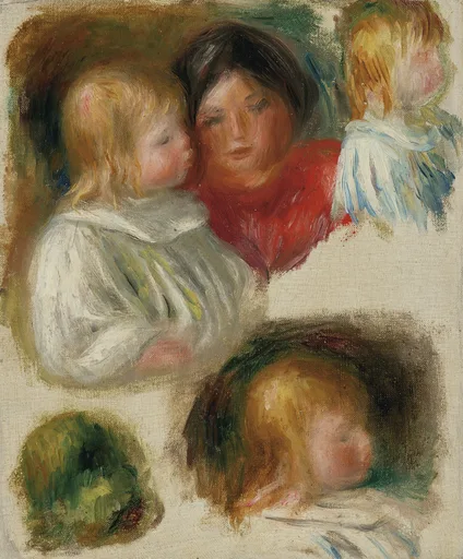Sketch studies of a young woman holding a child alongside separate small heads of children, in warm red, blonde, and cream
