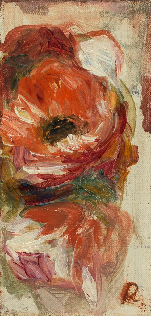 A single large red and orange flower painted loosely on a narrow canvas, with cream background and touches of white and dark green.