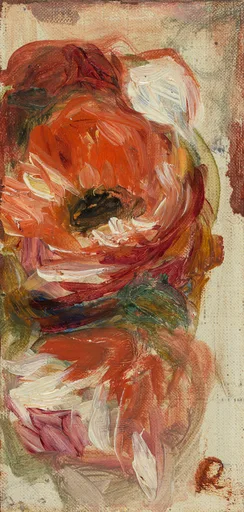 A single large red and orange flower painted loosely on a narrow canvas, with cream background and touches of white and dark green.