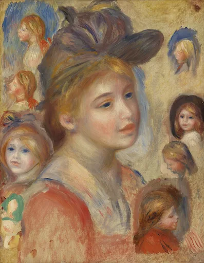 A large central portrait of a girl in a hat surrounded by smaller sketched heads of girls, in warm peach, gold, and soft blue