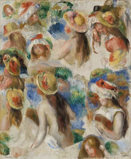 A crowded sketch sheet of many small heads and figures wearing straw hats, in cream, warm orange, and soft blue
