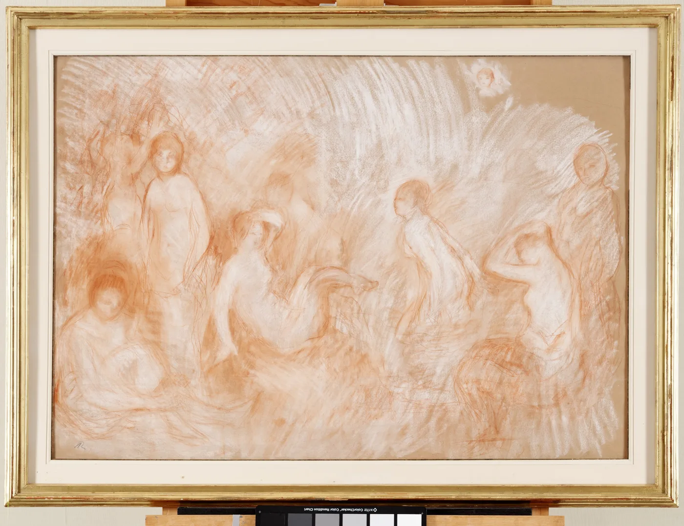 A sanguine chalk drawing of several nude bathers grouped in a wooded clearing, in warm terracotta and cream