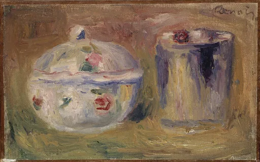A floral porcelain sugar bowl beside a metal cup on a table, in soft white, pink, and warm brown