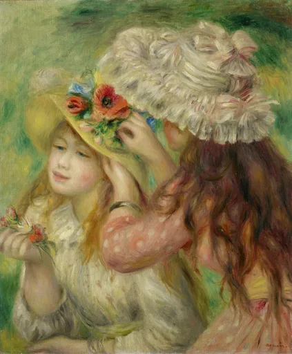 Two young girls adjusting straw hats trimmed with flowers against a green background, in cream, red, and soft green