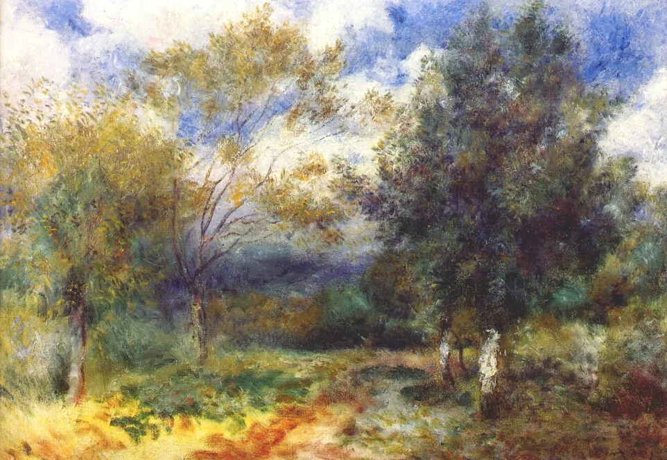 A sunlit clearing opens between dark trees, small figures faintly visible in the shade, under a bright blue sky.