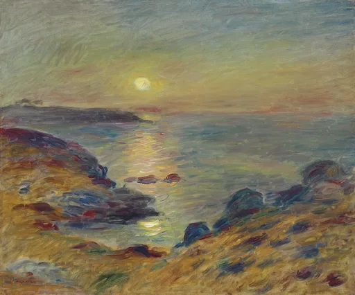 A pale sun setting over a calm sea beyond a rocky golden coastline, in soft blue, grey, and ochre