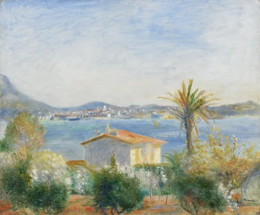 A red roofed villa with a palm tree overlooking a coastal town across the water, in pale blue, green, and cream