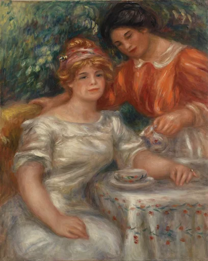 Two young women at a tea table, one in white pouring from a teapot, one in an orange blouse, against a leafy green backdrop