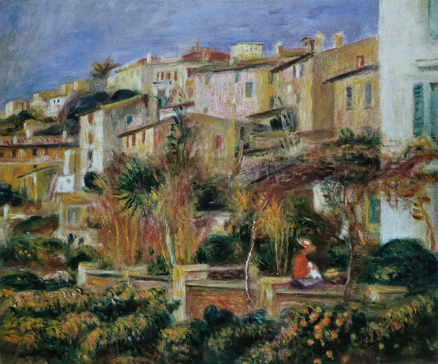 A hillside Mediterranean village of terraced ochre houses above a garden terrace with a small seated figure, under a blue sky