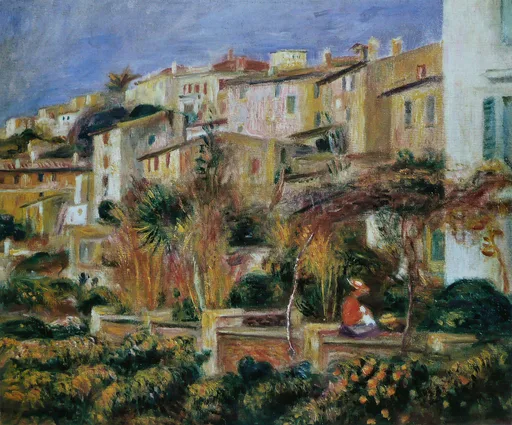 A hillside Mediterranean village of terraced ochre houses above a garden terrace with a small seated figure, under a blue sky