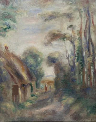 Small figures walk a wooded path past a thatched roof cottage in Berneval, framed by tall trees in soft green, lavender and beige