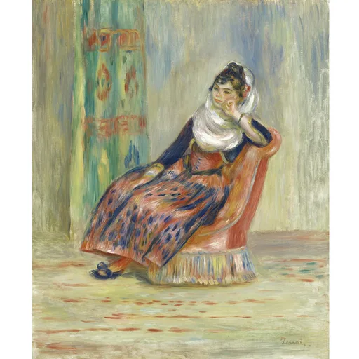 A woman in a patterned red and blue dress and white headscarf reclines in an armchair, resting her cheek on her hand.