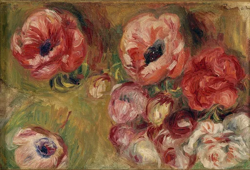 A close-up still life of pink and red anemones with dark centres and roses, against an olive-green background.