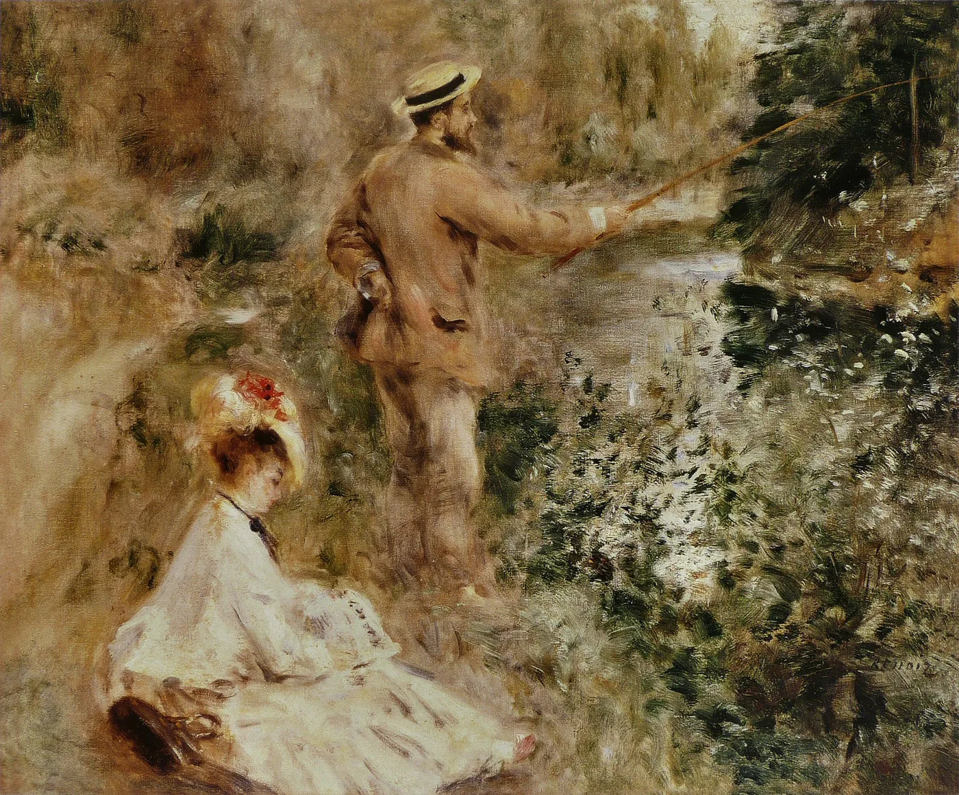 A bearded man in a straw hat fishes with a rod by a stream, a woman in white with a red-flowered hat seated below.