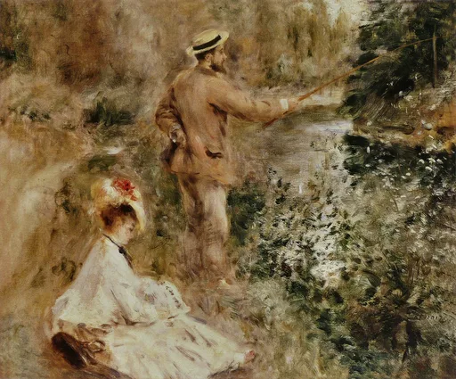 A bearded man in a straw hat fishes with a rod by a stream, a woman in white with a red-flowered hat seated below.