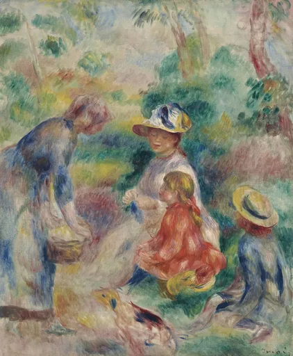 A woman with a basket of apples stands before two children in a garden, one in a straw hat, one in red, in soft greens.