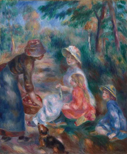 A woman offering a basket of apples to a seated mother and children with a small dog, in a wooded clearing of green and blue