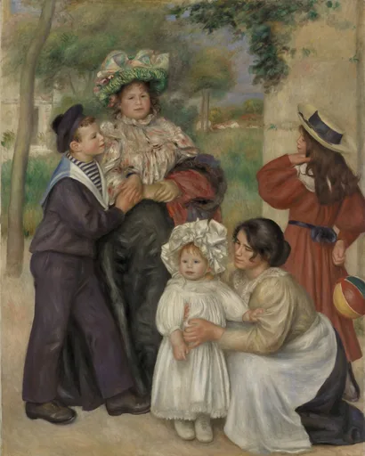A family gathers outdoors in a garden: a boy in a sailor suit, a woman holding a bonneted child, a girl with a ball, and a seated woman minding a toddler.
