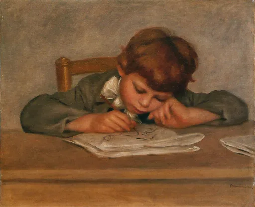 A young boy leaning over a table absorbed in drawing on paper, in warm brown, muted green, and soft grey