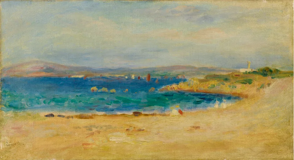 A sandy beach opens onto a turquoise bay dotted with small sailboats, hills rising beyond under a pale sky.
