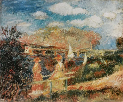 Two women lean on a railing overlooking a river where sailboats pass a bridge, autumn trees under a dramatic sky.