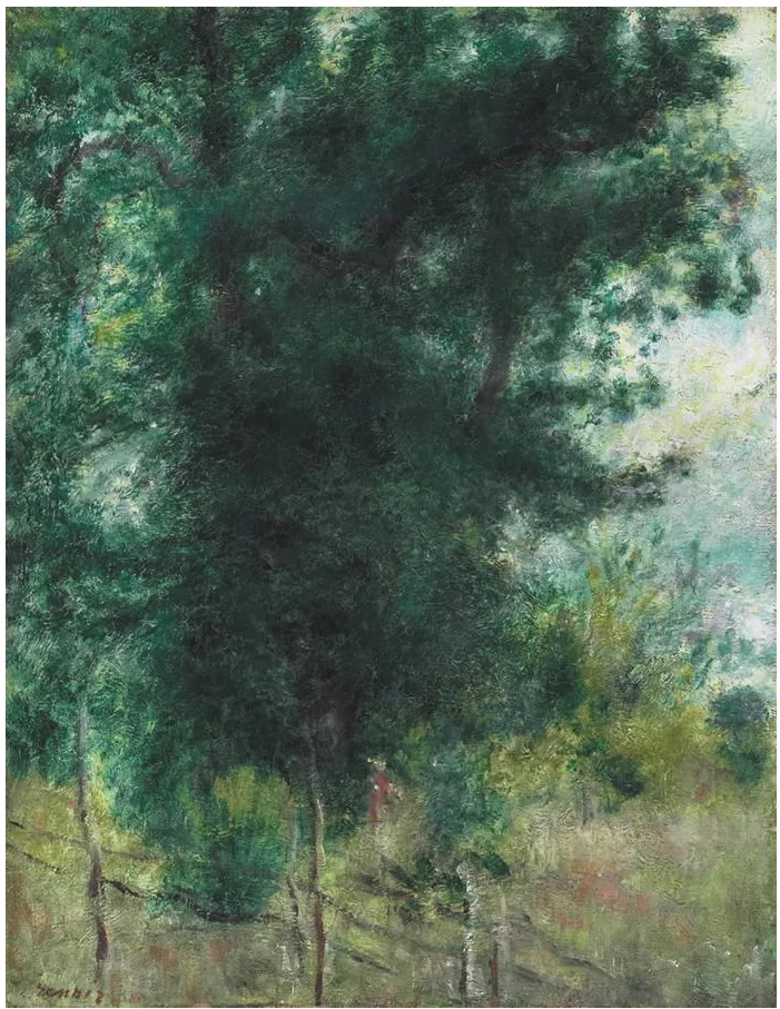 A dense canopy of dark green trees rises above a wooden fence, a small red-clad figure standing at its base.