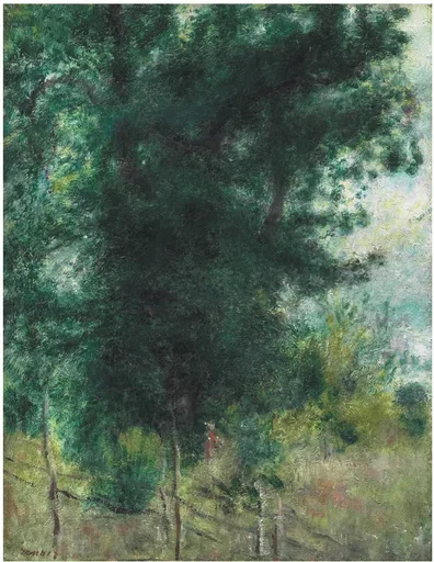 A dense canopy of dark green trees rises above a wooden fence, a small red-clad figure standing at its base.