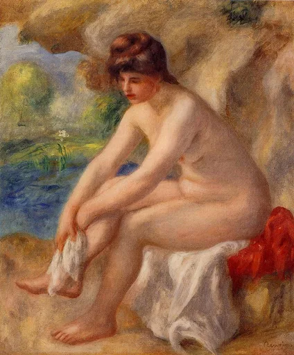 A nude bather with her hair in a bun sits drying her leg with white cloth beside a green pond, red drapery nearby.