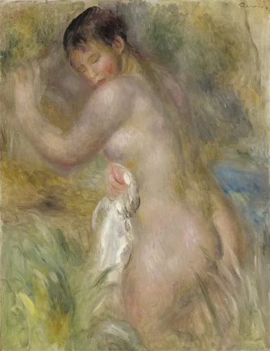 A nude woman seen from behind holds white drapery against her hip, standing amid soft green foliage.